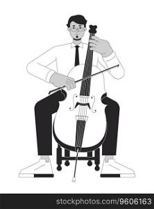 Cello musician black and white cartoon flat illustration. Middle eastern adult man with musical violoncello 2D lineart character isolated. Violoncellist symphony monochrome scene vector outline image. Cello musician black and white cartoon flat illustration
