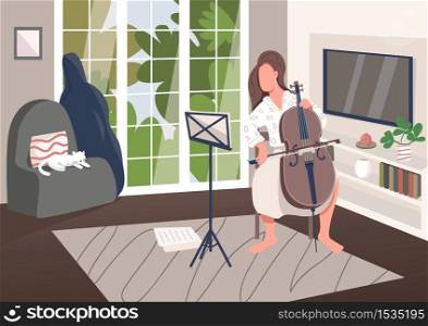 Cello player at home flat color vector illustration. Woman play musical instrument. Pastime with music lesson. Female learn creative hobby. Musician 2D cartoon character with interior on background. Cello player at home flat color vector illustration