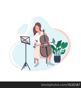 Cello player flat color vector faceless character. Woman learn to play musical instrument. Lesson on music for adult. Musician isolated cartoon illustration for web graphic design and animation. Cello player flat color vector faceless character