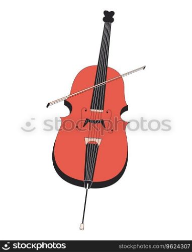 Cello string instrument 2D linear cartoon object. Orchestra violoncello isolated line vector element white background. Classical musical instrument with cello bow color flat spot illustration. Cello string instrument 2D linear cartoon object