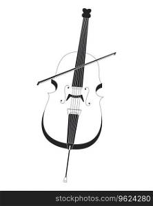 Cello string instrument black and white 2D line cartoon object. Orchestra violoncello isolated vector outline item. Classical musical instrument with cello bow monochromatic flat spot illustration. Cello string instrument black and white 2D line cartoon object