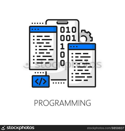 Cellphone app development and programming, web application coding, mobile software optimization thin line icon. Phone software, digital product testing line vector icon with programming binary code. Mobile app development and programming line icon