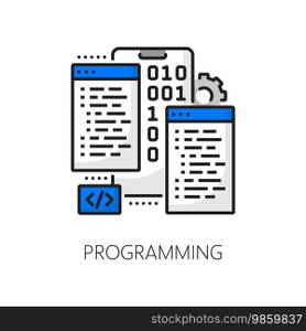 Cellphone app development and programming, web application coding, mobile software optimization thin line icon. Phone software, digital product testing line vector icon with programming binary code. Mobile app development and programming line icon