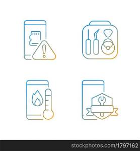 Cellphone recovery related gradient linear vector icons set. Device fixing service. Phone common problems. Thin line contour symbols bundle. Isolated vector outline illustrations collection. Cellphone recovery related gradient linear vector icons set