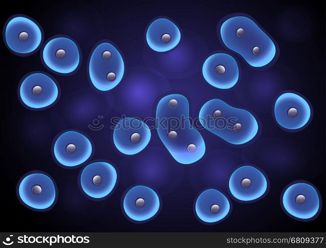 Cells culture background in blue with cell division and nucleus. Luminescence membrane effect. Bacteria, virus. Eps10 vector. Microbiological 3d scientific illustration.