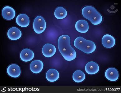 Cells culture background in blue with cell division and nucleus. Luminescence membrane effect. Bacteria, virus. Eps10 vector. Microbiological 3d scientific illustration.