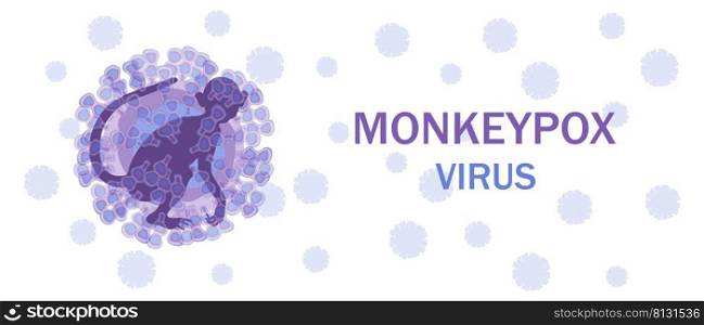 Cells of the monkeypox virus with a silhouette of a monkey inside on a microbiological background with text. Monkeypox virus. Virus disease concept. Vector.. Cells of the monkeypox virus with monkey