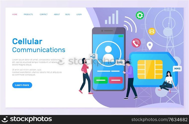 Cellular communication vector, people with smartphone screen showing profile of user and calling icon, sim card messaging and texting call cell. Website or webpage template, landing page flat style. Cellular Communication Smartphone and Sim Card