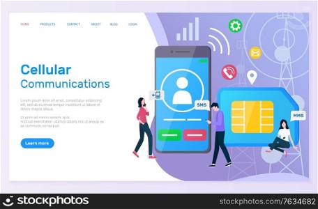 Cellular communication vector, people with smartphone screen showing profile of user and calling icon, sim card messaging and texting call cell. Website or webpage template, landing page flat style. Cellular Communication Smartphone and Sim Card