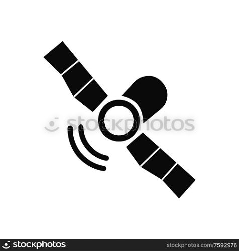 Cellular communication vector, satellite with wings monochrome sketch outline, broadcasting system searching for signal station flat style, isolated icon. Space Satellite System Icon Cellular Communication