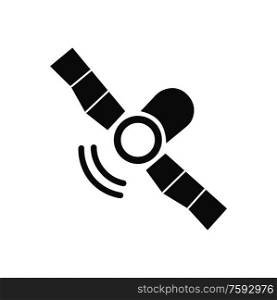 Cellular communication vector, satellite with wings monochrome sketch outline, broadcasting system searching for signal station flat style, isolated icon. Space Satellite System Icon Cellular Communication