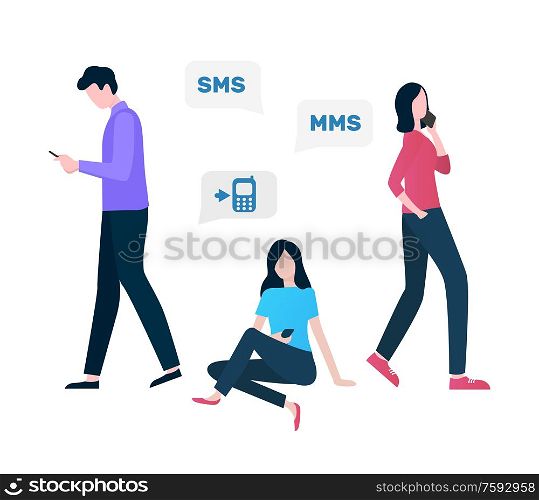 Cellular communication vector, woman and man using innovative gadgets and services, sms and MMS person with mobile phone online talks conversations. Cellular Communication Sms and MMS Services Vector