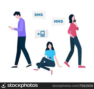 Cellular communication vector, woman and man using innovative gadgets and services, sms and MMS person with mobile phone online talks conversations. Cellular Communication Sms and MMS Services Vector