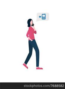Cellular communication vector, woman with phone and incoming sign icon, character wearing modern clothes, businesswoman discussing problems on cell. Woman Talking on Phone Lady Using Cellular Service
