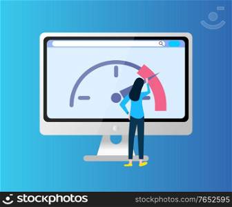 Cellular communications measuring device, screen of computer with circle speedometer, monitor with speedo, back view of woman, modern equipment vector. Monitor with Speedo, Back View of Woman Vector