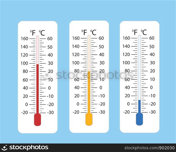 Celsius and fahrenheit meteorology thermometers measuring heat and cold, vector illustration. Thermometer equipment showing hot or cold weather