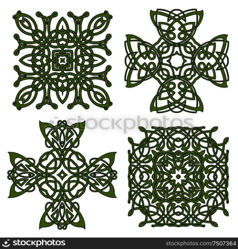 Celtic and irish knot ornamental crosses and patterns with green traditional intricate ornament. For art, tattoo or decoration design. Green isolated celtic and irish crosses