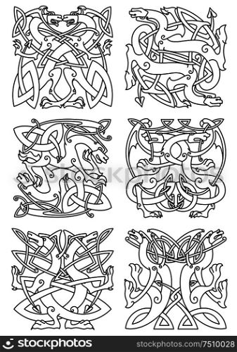 Celtic animal knot ornaments of mythical dragons or beasts with curved wings and tails, arranged in tribal pattern. Use as tattoo, coat of arms or emblem design . Celtic knot pattern with tribal dragons