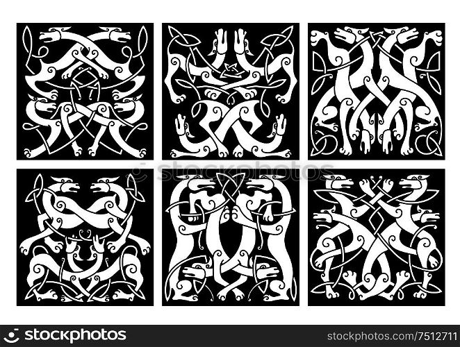 Celtic animal knot patterns with playing wolves or dogs, decorated by geometric tribal ornaments, for tattoo or heraldic coat of arms design. Wolves or dogs patterns with celtic ornament
