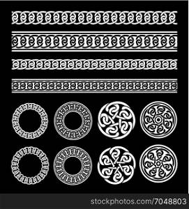 Celtic Borders, Patterns And Rings Set. Illustration of a set of white celtic seamless lines, borders, rings and ornaments, for frame and tattoos, on black background