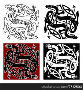 Celtic dragons knot pattern with medieval stylized totem animals, adorned by tribal decorative elements, for tattoo or t-shirt design. Celtic dragons pattern with tribal elements