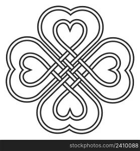 Celtic heart knot in the shape of a clover leaf bringing good luck and love, vector knitted heart knot