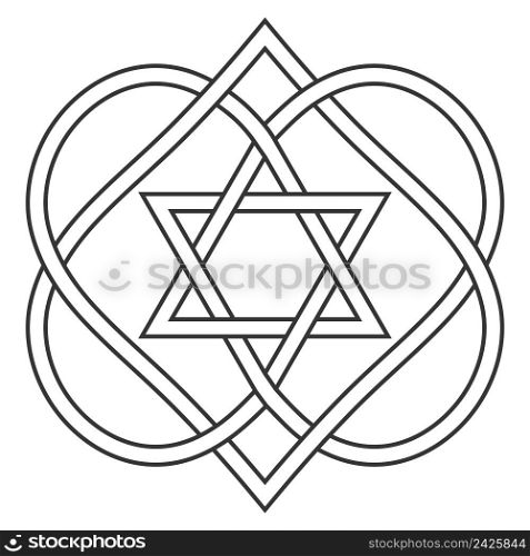 Celtic knot entwining hearts and stars of David, vector Jewish heart shape with star of David art two hearts are woven into a carved love knot, a symbol of a Jewish wedding
