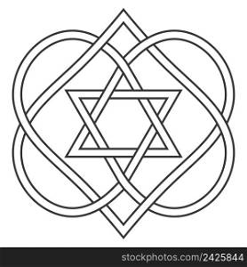 Celtic knot entwining hearts and stars of David, vector Jewish heart shape with star of David art two hearts are woven into a carved love knot, a symbol of a Jewish wedding