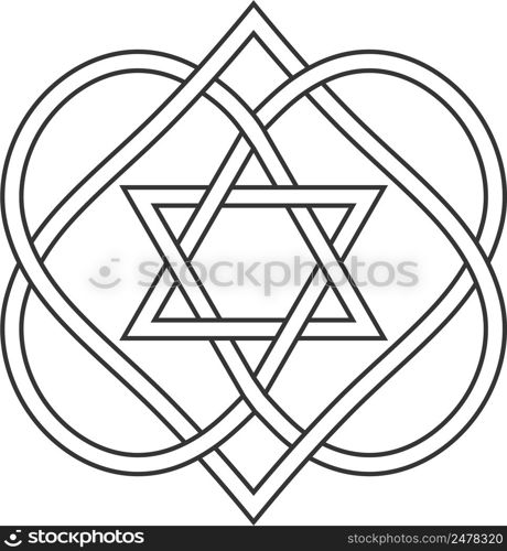 Celtic knot entwining hearts stars David, vector Jewish heart shape