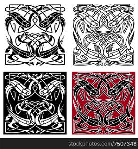 Celtic knot pattern with gorgeous herons with crests, wings and legs. For tattoo or art design. Celtic knot pattern with heron birds