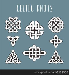Celtic knots. Beautiful celtics knot symbols, eternal trinity trefoil unity energy interconnected knotted icons isolated on color background, tribal irish celt loops vector signes illustration. Celtic knots. Beautiful celtics knot symbols, eternal trinity trefoil unity energy interconnected knotted icons isolated on color background, tribal irish celt loops vector signes