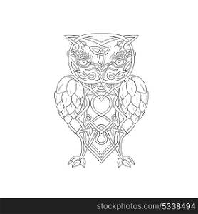Celtic Knotwork illustration of a stylized owl with barley above eye and hops for wings viewed from front on isolated background.. Hops and Barley Owl Celtic Knotwork