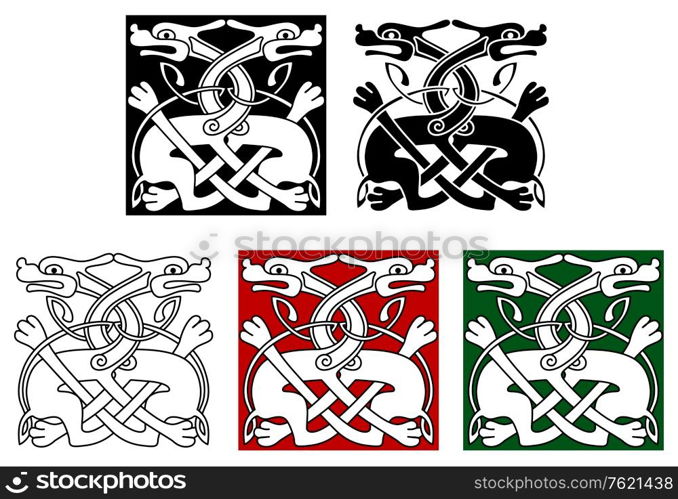 Celtic ornament elements and embellishments with wild angry dogs