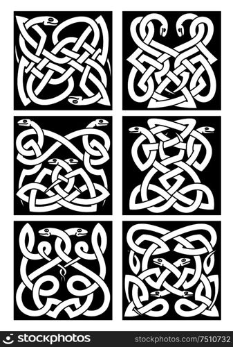 Celtic snakes knot patterns with intertwined reptiles and tribal ornament. Medieval embellishment or tattoo design elements. Celtic snakes knot patterns with tribal ornament