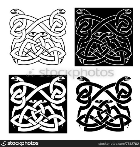 Celtic snakes traditional pattern with intricate knot ornament in tribal style, for tattoo or embellishment design. Celtic snakes knot ornaments in tribal style