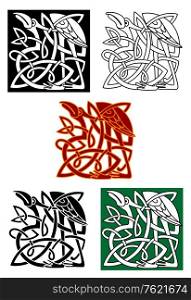 Celtic totems with heron birds and ornamental elements for medieval culture or religion design