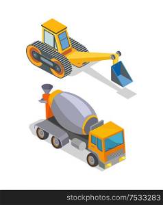 Cement concrete mixer and excavator industrial machinery isolated icons vector. Bulldozer loader, digger with shovel, backhoe industry mechanisms. Cement Mixer and Excavator Industrial Machinery