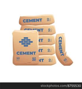 Cement Sacks. Pack bag cemented powder, sack with industry material for construction building, cementing production, industrial bags, cartoon vector illustration. Package with cement, component powder. Cement Sacks. Pack bag cemented powder, sack with industry material for construction building, cementing masonry production, industrial bags, cartoon recent vector illustration