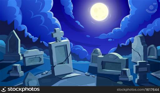 Cemetery at night with full moon, vector graveyard with tombstones and cracked stone crosses. Old creepy grave tombs at nighttime under cloudy sky at twilight. Cartoon memorials at spooky cemetery. Cemetery at night with full moon, vector graveyard