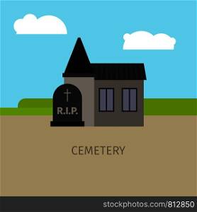 Cemetery colorful building with sign, vector cartoon illustration. Cemetery building cartoon illustration