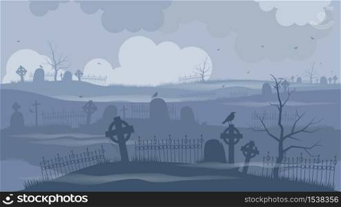 Cemetery or graveyard on a terrible night.. Dark night background, gloomy landscape, tombstone silhouette.. Cemetery or graveyard on a terrible night..