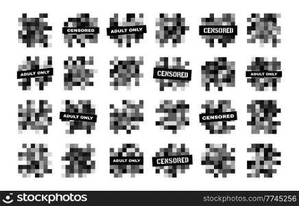 Censor mosaic pixel blue bars, censorship blurred vector texture of nudity or adult content. Censored or blurry, face with transparent effect, nude photo or video censure square pixels for screen. Censor mosaic pixel blue bars, blurred censorship