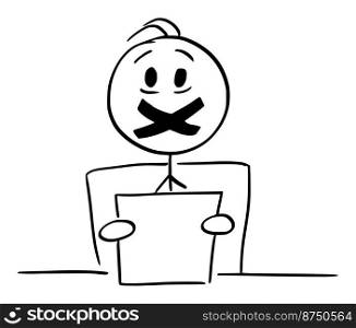 Censored anchorman in newsroom in television studio, censorship and fake true information, vector cartoon stick figure or character illustration.. Censored Television Anchorman, Censorship and Journalism,Vector Cartoon Stick Figure Illustration