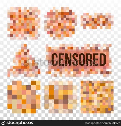 Censored Nudity Prohibition Pixels Set Vector. Collection Of Colorful Rectangle, Triangle, Square And Round Shape Design Censored Blurred Texture Bar. Censorship Content Control Flat Illustrations. Censored Nudity Prohibition Pixels Set Vector