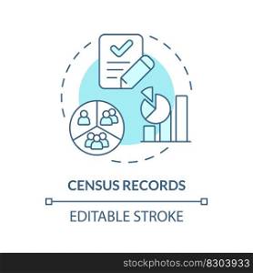 Census records blue concept icon. Demographics. Population data. Family research abstract idea thin line illustration. Isolated outline drawing. Editable stroke. Arial, Myriad Pro-Bold fonts used. Census records blue concept icon