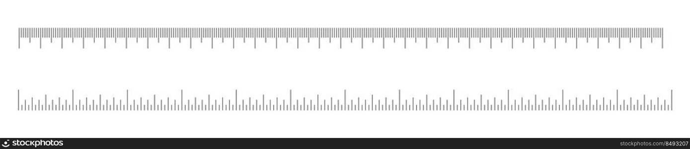 Centimeter and ihch ruler scales set. Horizontal measuring chart with markup. Distance, height or length measurement tool template isolated on white background. Vector graphic illustration.. Centimeter and ihch ruler scales set. Horizontal measuring chart with markup. Distance, height or length measurement tool template