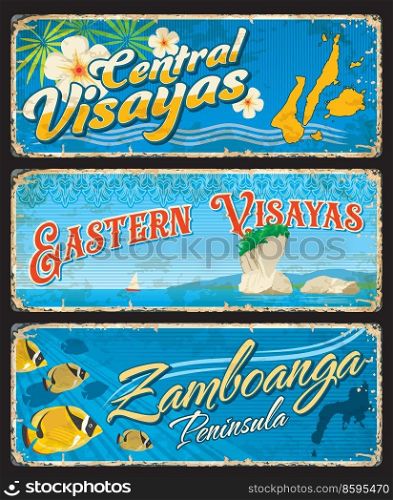 Central and Eastern Visayas and Zamboanga, provinces of Philippines, vector travel plates and stickers. Philippines regions and provinces welcome tin signs or tourism landmarks luggage tags. Visayas, Zamboanga, Philippines provinces travel