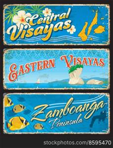 Central and Eastern Visayas and Zamboanga, provinces of Philippines, vector travel plates and stickers. Philippines regions and provinces welcome tin signs or tourism landmarks luggage tags. Visayas, Zamboanga, Philippines provinces travel