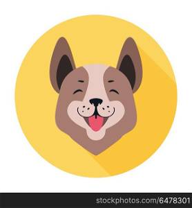 Central Asian Shepherd Dog Flat Icon Doggy Head. Central asian shepherd dog flat icon doggy head on yellow circle background. Smiling face of Alabai. Vector illustration of ancient breed of dogs. Massive and broad head with plane forehead.