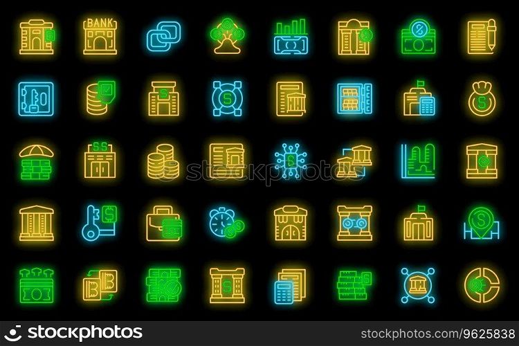 Central bank icons set outline vector. Business house. Building bank neon color on black. Central bank icons set vector neon